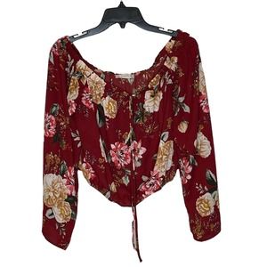Altard State Boho Floral Off Shoulder Crop Top Longsleeve Tie Front Women Medium